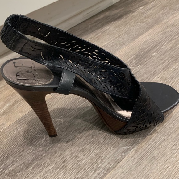 Diane von Furstenberg Black Leather Slingback Platform Stacked Heels Shoes - Picture 4 of 4